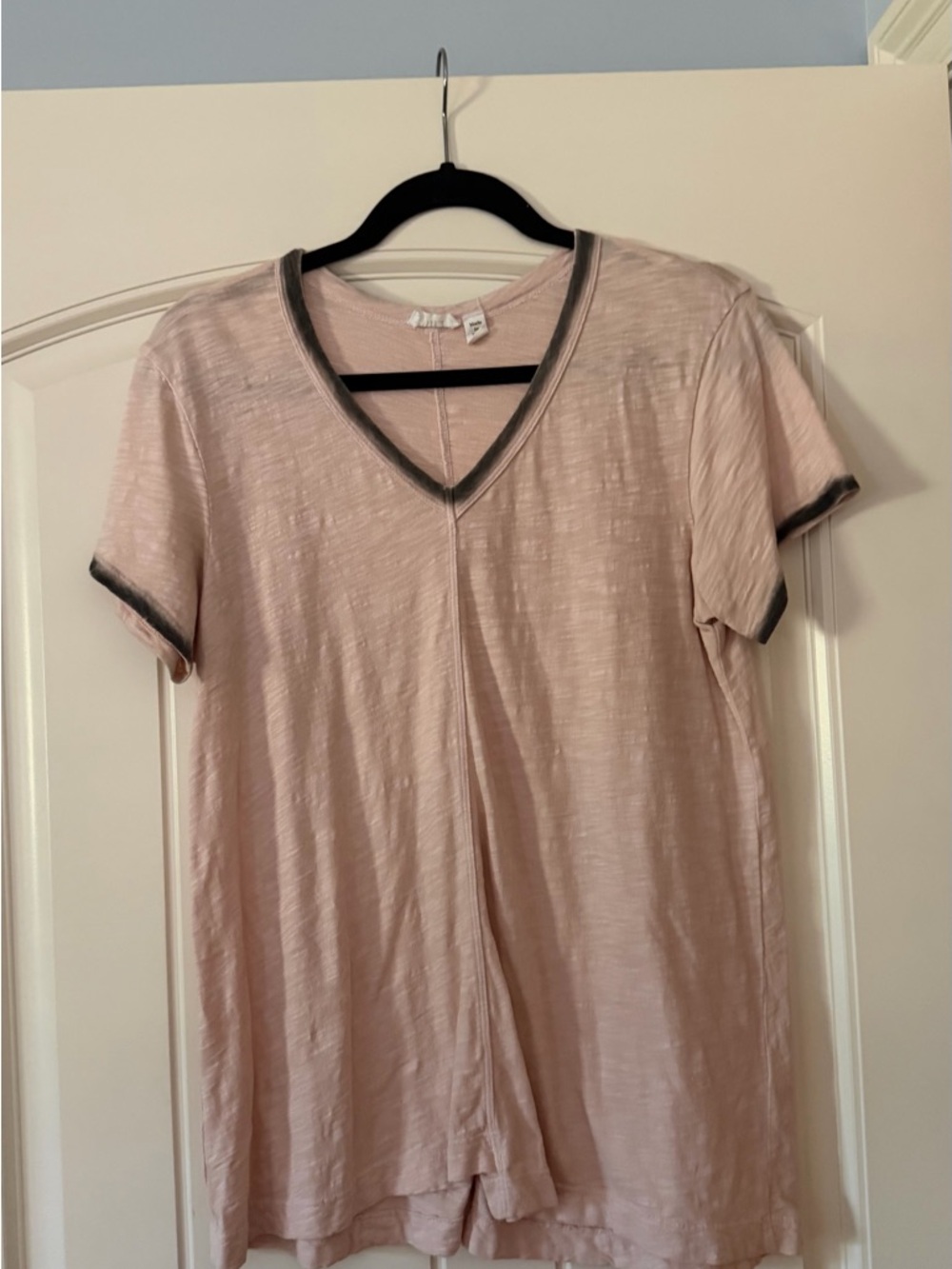 Wilt Blush Pink V-Neck Short Sleeve Tee with Gray Trim